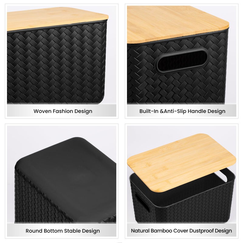 Ohmlove 4 Packs Storage Bins with Bamboo Lids - Plastic Storage Containers with Lids Stackable Storage Box: Storage Baskets for Organizing Desktop Closet Playroom Classroom Office  Black - Image 3